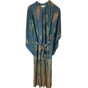 Vintage Rhapsody by Glazier Chicago Teal Feather Print Maxi Dress Kimono
